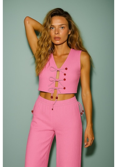 Dokulu Boncuk Detay Yelek Takım Pembe