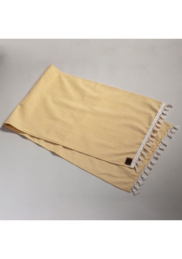 Vivamaison Sarı Düz Püsküllü Pamuk Kumaş 45X150 CM Runner