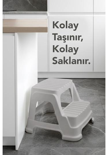 2 Basamaklı Merdiven Tabure - Kaydırmaz Tabanlı Çok Amaçlı Basamak Tabure Gri