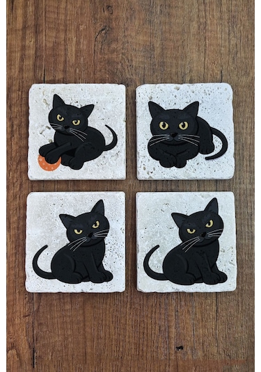 Doğal Taş Bardak Altlığı 4'lü Set 10x10x1 Cm Sinirli Kedi Desenleri -stone Coasters Çok Renkli