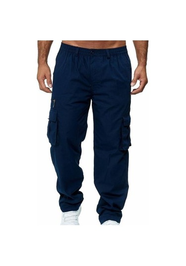 Ayw Erkek Pantolon Çok Cepli Düz Orta Bel Kargo Pantolon Günlük Giyim İçin Lacivert