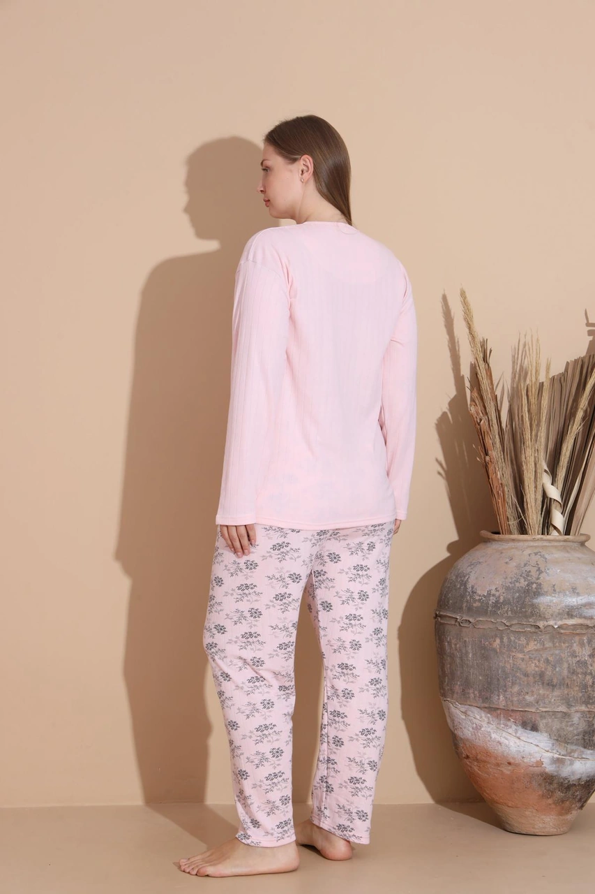 Lindros Kadın Pamuk'lu Düğme Yaka Raporlu İnterlok Kışlık Battal Pijama Takımı 05150p - 1 Adet Pembe