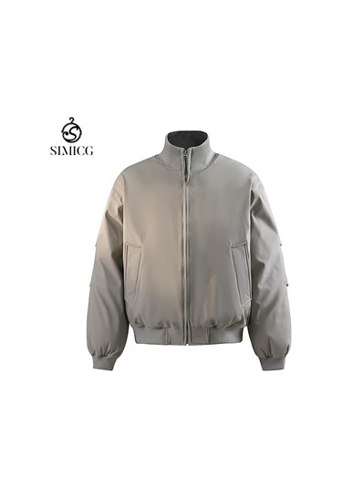 Üçlü Dayanıklı Dik Yaka Bol Retro Erkek Pamuklu Dolgulu Ceket Açık Gri