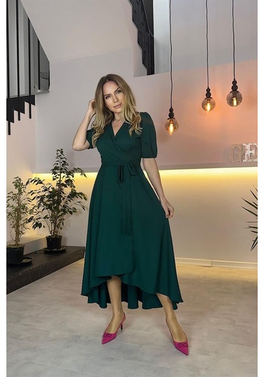 G0505 Kruvaze Yaka Kuşaklı Asimetrik Elbise Zümrüt-zümrüt Zümrüt Yeşili