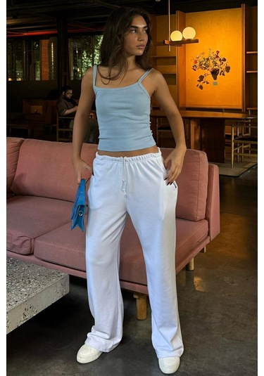 Beyaz Geniş Paça Basic Kadın Eşofman Altı Mg2553 Beyaz