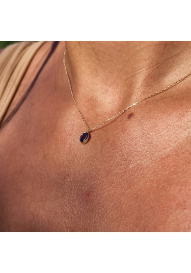 0,50 Ct Safir Mavi Sade Minimal Tasarım Tarz 14 Ayar Altın Doğal Taşlı Kolye-zümrüt Altın Kolye