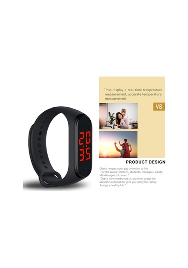 Leezsing Siyah Akıllı Bileklik - 24 Saat Sıcaklık Monitörü, Led Ekran, Manyetik Şarj, 25 Gün Pil Ömrü