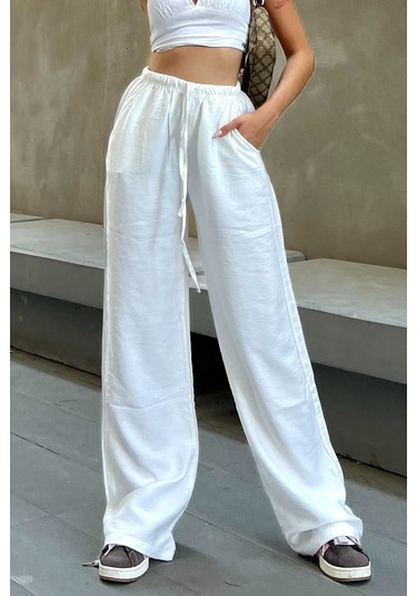 Pembe Keten Karışımlı Bol Kesim Pantolon Beyaz