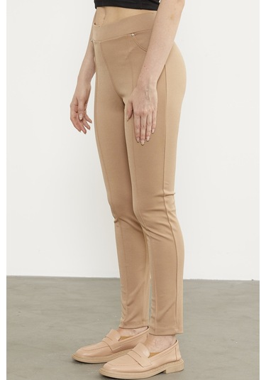Önden Dikiş Detaylı Tayt - Bej 001