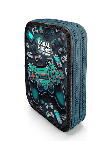 Coral High Kids Nefti Gamer Desenli Çift Katlı Kalem Çanta 11155 Petrol Mavi