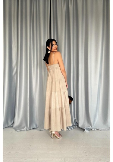 Taş Askılı Parçalı Müslin Elbise Altın