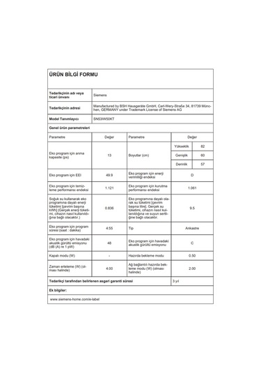 Siemens SN53IW50KT 5 Programlı 13 Kişilik Yarı Ankastre Bulaşık Makinesi