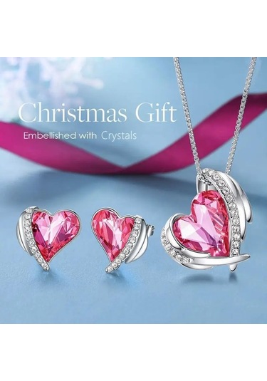 Trend Renkli Taşlı, Zirkon Taş İşlemeli Kalp Takı Seti Kolye Küpe , Yeni Yıl, Fuşya