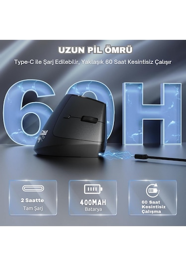 İ300 Kablosuz Ergonomik Dikey Mouse- 84gr-sessiz Tıklama- 57 Açı-16.000 Dpı Diğer