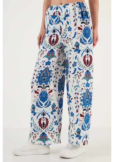 Lela Desenli Beli Lastikli Bol Paça Rahat Kesim Bayan Pantolon 5865217 Beyaz-Saks