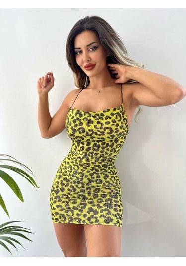 Pink Life Sarı Leopar Simli Kumaş Sırt Dekolte Detaylı Mini