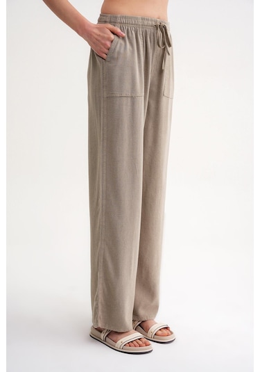 4629 Kadın Bol Paça Yüksek Bel Viskon Palazzo Pantolon Toprak Toprak