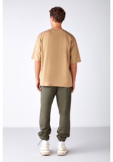 Joel Erkek %100 Organik Pamuklu Kalın Kumaşlı Özel Dokulu Etiket Detaylı Oversize Bej T-shirt