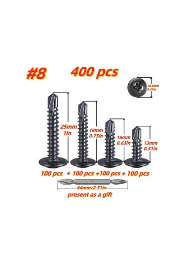 Willowhaven 400 Parça Paslanmaz Tek Vidalar 4 Ebat S2 Matkap Uçlu Kendinden Delikli Diğer