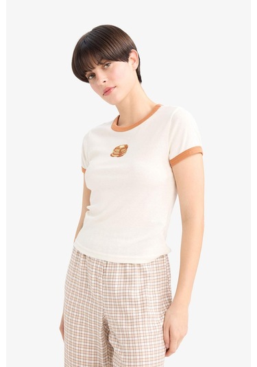 Defacto Fitted Bisiklet Yaka Baskılı Kısa Kollu Ribana Üst-fall İn Love G0364ax25auer98 Ekru