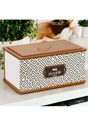 Dekoratif Ahşap Kapaklı Ekmeklik Geometrik Desenli Beyaz