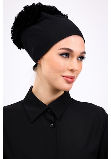 Kaymayan Fırfırlı Siyah Silikonlu Dikişsiz Kaymaz Bone Kadın Tesettür Bağlamalı Iç Bone Siyah