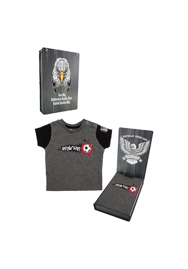 Beşiktaş Lisanslı Antrasit Bebek T-shirt Hediyelik Ahşap Kutulu Siyah