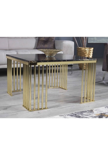 Premium Lüx Yaşam Alanı Kare Orta Sehba 80 80 48 Siyah Altın İşleme Gold Ayak