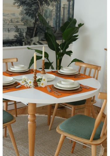 Yakacihome 4'lü Pera Turuncu Biye Detaylı Duck Keten Yıkanabilir, Leke Tutmaz Supla Amerikan Servis Seti Turuncu