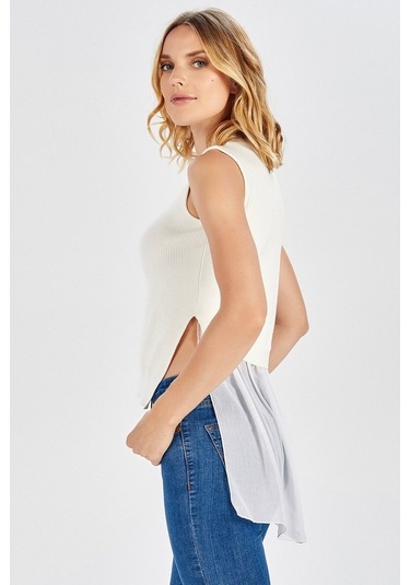 Peraluna Arkası Şifonlu Önü Kısa Ekru Kadın Triko Bluz-Ekru