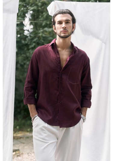 Mai Collection Mai Studios Co. Ombretta Bordo Keten Oversize Erkek Gömlek Bordo