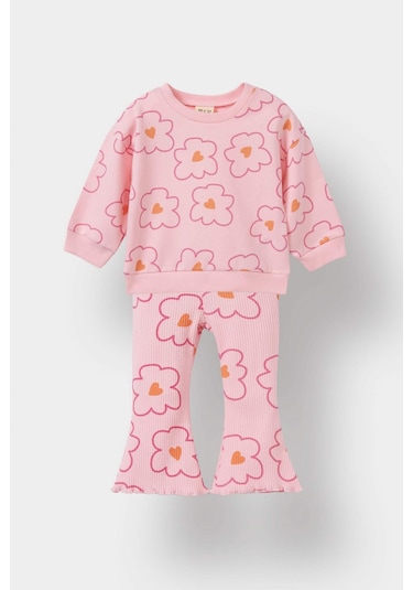 Defacto Kız Bebek 2li Takım Çiçekli Sweatshirt İspanyol Paça Tayt F0514a525aupn99 Pembe