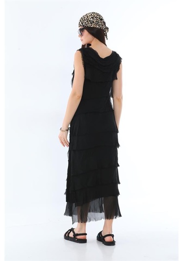 Italyan 2 Beden İnce Gösteren Kat Kat Kolsuz Ipek Elbise Siyah