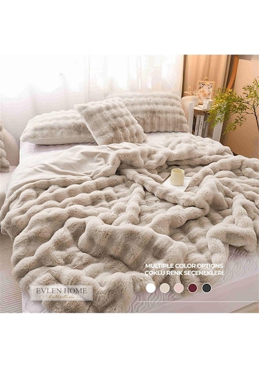 Kürk Yatak Örtüsü Çift Kişilik Dolgulu Peluş Yumuşak Çift Taraflı Yorgan 3 Parça Loria Bej Bej