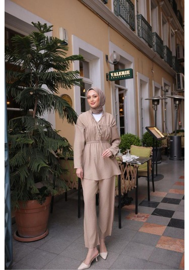 Büzgülü Tunik Takım Bej