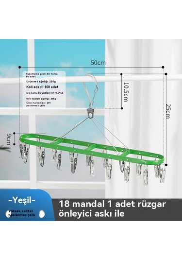 Paslanmaz Çelik Çamaşır Kurutma Rafı 18 Klipsli Çamaşır Kurutma Rafı Rüzgar Geçirmez Klipsli Çamaşır Kurutma Rafı Yeşil