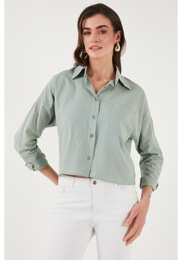 Lela Pamuk Ve Keten Karışımlı Regular Fit Önü Kısa Arkası Uzun Bayan Gömlek 6772867 Çağla