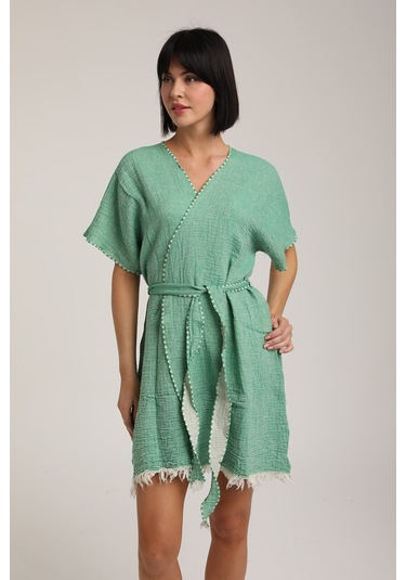 Life For Moda Kadın Kuşaklı Müslin Pareo Kimono P 80 Yeşil