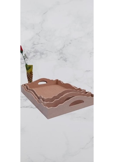 Hobi Dekoratif Tepsi Seti Üçlü Model Ham Ahşap Mdf El Yapımı