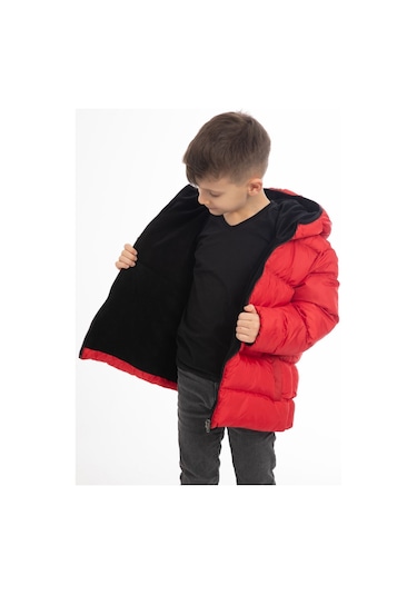 Erkek Çocuk Kırmızı İçi Polarlı Kapüşonlu Su Geçirmez Rüzgara Dayanıklı Şişme Kışlık Mont Kırmızı