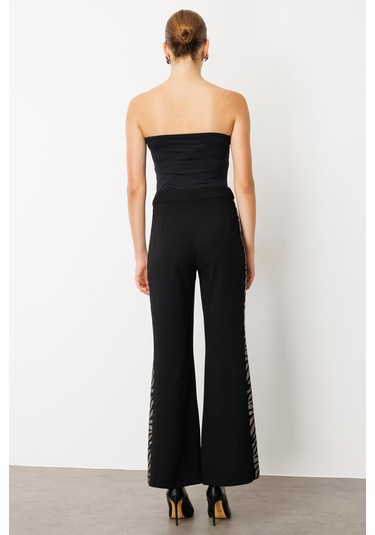 Moda İlgi Kadın Taş Şeritli Bol Paça Pantolon 0065 Siyah Siyah
