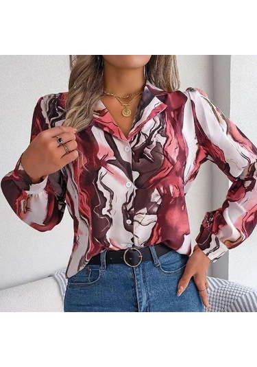 Ofis Kadın Rahat Moda Kontrast Renk Baskı Bluz Kadın Uzun Kollu Sonbahar Kış Zarif Çentikli Gömlek Elbise Tops 28621 Mavi