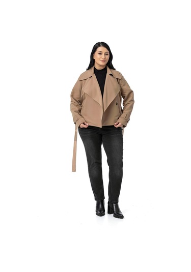 Büyük Beden Mono Yaka Kemerli Astarlı Kısa Vizon Trençkot Vizon