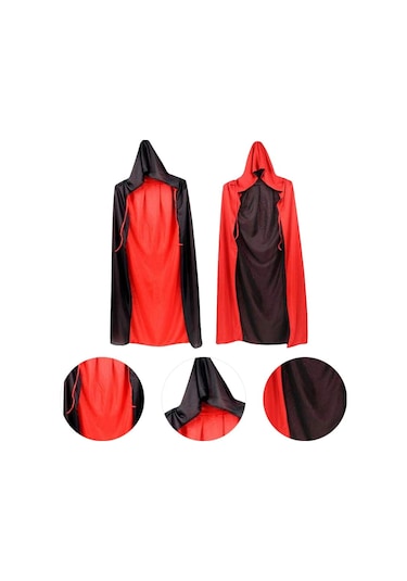 Çift Taraflı Kullanılabilir Siyah Kırmızı Kapişonlu Pelerin 140 Cm Yetişkin