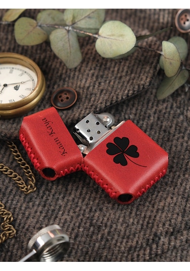 Vagave Kırmızı Renk Hakiki Deri El Yapımı Zippo Benzinli Çakmak