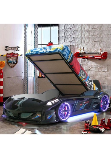 Arabalı Yatak - Jaguar Bazalı Arabalı Yatak Full Ledli Koltuklu Siyah