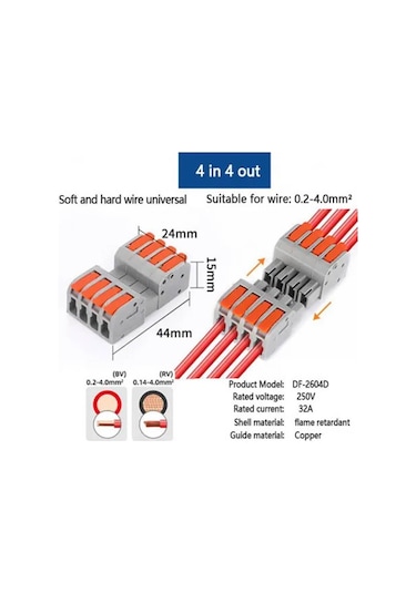 Koodmax 10 Adet Hızlı Kablo Ekleme Birleştirme Konnektörü - Dörtlü Klemens - Bağlantı Kesme Özellikli