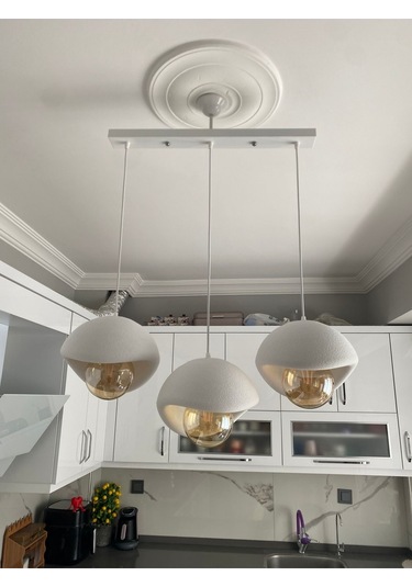 Caka Tepsili 3 Lü Sarkıt Avize Rustik E27 Modern Avize Beton Görünüm Bohem Rustik Ampul Hediyeli Beyaz