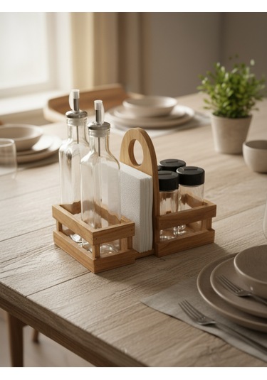 Ahşap Doğal Baharatlık Yağdanlık Ve Peçetelik Takımı Kısa Başlık Set Kiraz 1 Set Ahşap