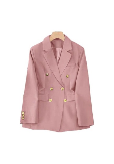 Kadın Blazer Ol Tarzı İşe Gidip Gevşek Düz Renk Kruvaze Uzun Kollu Yaka Çentik Yaka Cepler Resmi İş Ceket Pembe